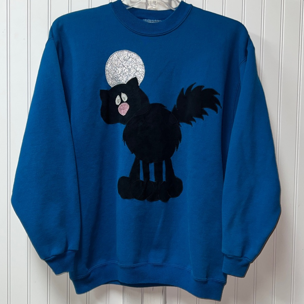 90s Black Cat Full Moon Sweatshirt XL Vintage Goth - Picture 2 of 5